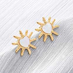 Настоящее золото 18K 304 серьги-гвоздики из натуральной белой ракушки из нержавеющей стали, солнце с сердечками, ионное покрытие (ip), реальный 18 k позолоченный, 18x19 мм