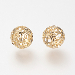Real 18K Gold Plated Brass Hollow Beads, Nickel Free, Real 18K Gold Plated, Round, 8mm, Hole: 3mm