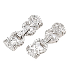 Real Platinum Plated Brass Micro Pave Clear Cubic Zirconia Fold Over Clasps, Real Platinum Plated, 21.5x7.5x5.5mm