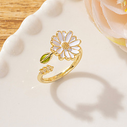 Белый Латунные кольца-манжеты для женщин, с эмалью и горный хрусталь, цветок, золотые, белые, внутренний диаметр: 15~20 мм