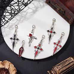 Античный Серебристый & Платиновый 6 шт. подвески из эмалевого сплава на Хэллоуин, с застежками-карабинами из сплава и стразами, старинное серебро и платина, 40~61 мм