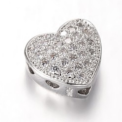 Platinum Heart Brass Micro Pave Cubic Zirconia Multi-Strand Links, Platinum, 9x9.5x4.5mm, Hole: 2mm