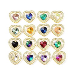 Mixed Color Real 18K Gold Plated Rack Plating Brass Micro Pave Cubic Zirconia Multi-Strand Links, with Glass, Long-Lasting Plated, Cadmium Free & Lead Free, Heart, Mixed Color, 24x24.5x7.5~8mm, Hole: 4.5~6x2~4mm