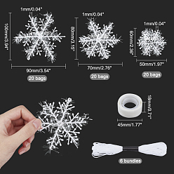 White CHGCRAFT 3 Style Snowflake Plastic Pendants, with Lacer Wool Yarn, with 100pcs Removable Double Sided Dots of Glue Tape and Cotton Embroidery Thread, White, Snowflake: 20 bags/style