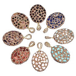 Golden Polymer Clay Rhinestone Pendants, with Gemstone Chip/Natural Shell Chip and PU Leather, Oval, Golden, PP12(1.8~1.9mm), 47~48x35~37x6~7mm,  Hole: 9x5mm