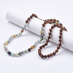 Flower Amazonite Natural Flower Amazonite Beaded Necklaces, with Wood Beads, Tiered Necklaces, Double Layer Necklaces, 40.94 inch(104cm)