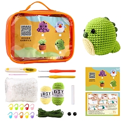 Mixed Color 3D Dinosaur Knitting Beginner Kits, including Cotton Filler, Crochet Hook, Stitch Marker, Craft Eye, Yarn, Big Eye Needle, Scissor, Hot Melt Glue Stick, Instruction, Mixed Color, 190x140x70mm