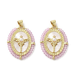 Pink Brass Pave Shell Pendants, Oval Charms with Glass Beads Wrapped and ABS Imitation Pearl Beads, Real 18K Gold Plated, Pink, 31~32x23.5x4.5mm, Hole: 3.5x4.5mm
