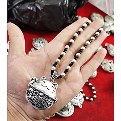 Cat Shape Этнический стиль сплав подвеска пластик имитация жемчуга бусины ожерелья, античное серебро, черно-белые, форма счастливой кошки, 29.92 дюйм (76 см)