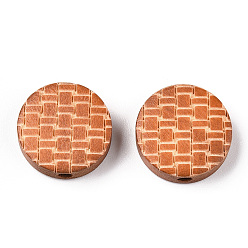 Chocolate Painted Natural Wood Beads, Laser Engraved Pattern, Flat Round, Chocolate, 15x5mm, Hole: 1.8mm