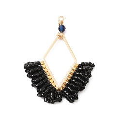 Black Glass Seed Beaded Pendants, Copper Wire Wrapped, with Brass Frame, Rhombus Charms, Black, 37~38.5x27~28x3.5mm, Hole: 1.6mm