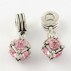 Mixed Color Large Hole Cube Alloy Rhinestone European Dangle Charms, Antique Silver, Mixed Color, 15x12x12mm, Hole: 4mm