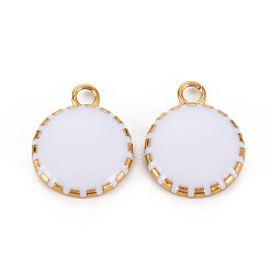 White 304 Stainless Steel Enamel Charms, Ion Plating(IP), Golden, Flat Round, White, 13.5x10.5x3mm, Hole: 1.6mm