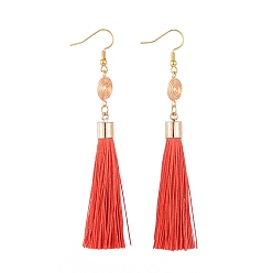 Red Polyester Tassel Dangle Earrings, with Golden Plated Copper Wire and Brass Earring Hooks, Red, 96mm, Pin: 0.7mm