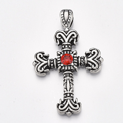 Античное Серебро Большие сплавочные подвески, со стразами, крестик, Light Siam, античное серебро, 65x41.5x8 мм, отверстие : 9.5x5 мм
