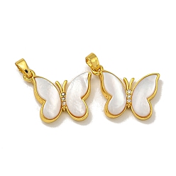 Золотой Стойки с латунным покрытием, подвески из натуральных белых ракушек с паве, бабочки прелести, золотые, 16x19.5x4.5 мм, отверстие : 5 мм