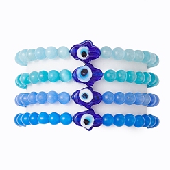 Синий Кошка глаз бисер стрейч браслеты, круглые, синие, внутренний диаметр: 2-1/4 дюйм (5.8 см), 4 шт / комплект