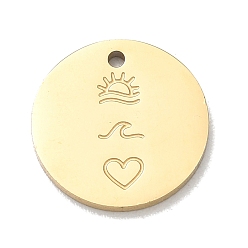 Real 18K Gold Plated 304 Stainless Steel Charms, Flat Round with Sun & Wave & Heart Charms, Rack Plating, Long-Lasting Plated, Real 18K Gold Plated, 15x1.5mm, Hole: 1.2mm