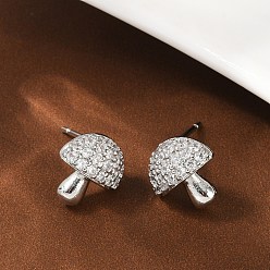 Платина Серьги-гвоздики из латуни с микропаве из прозрачных кубических цирконий в форме гриба, стойки покрытие, долговечный, без свинца и без кадмия, платина, 11x10.5 мм