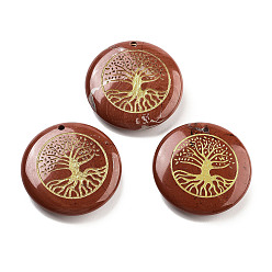 Красный Камень Резные подвески из натуральной красной яшмы, плоская круглая с подвесками дерево жизни, 30x7 мм, отверстие : 1.8 мм