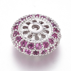 Платина Латунные микро проложить кубических циркония шарики прокладки, плоско-круглые, темно-розовыми, платина, 11x5 мм, отверстие : 1.4 мм