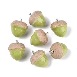 Vert Jaune Pendentifs en porcelaine fait à la main, charmes gland, avec des boucles de cuivre, platine, vert jaune, 23~25x19~21mm, Trou: 1.6~1.8mm