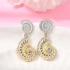 Couleur Dorée & Acier Inoxydable Boucles d'oreilles en laiton à micro-pavé de zircone cubique, conque forme, crémaillère plaquage, plaqué longue durée, sans cadmium et sans plomb, or et acier inoxydable Couleur, 34x14.5mm