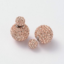 362_Light Peach Double Austrian Crystal Ball Ear Studs, with 925 Sterling Silver Pins and Brass Findings, 362_Light Peach, 6~12mm, Pin: 0.7mm