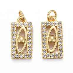 Golden Brass Micro Pave Clear Cubic Zirconia Pendants, Long-Lasting Plated, Rectangle with Eye, Golden, 14.5x7x2mm, Jump Ring: 5x0.7mm, Inner Diameter: 3.5mm
