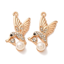 Light Gold Alloy Rhinestone Pendants, with ABS Plastic Pearl, Bird Charms, Light Gold, 32.8x19x7mm, Hole: 1.4mm