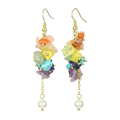 Mixed Stone Natural & Synthetic Mixed Gemstone Chips & Shell Pearl Dangle Earrings, Cluster Earrings, 68~69.5mm
