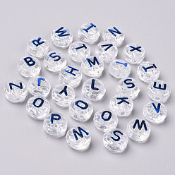 Синий Прозрачные прозрачные акриловые бусины, с блеском порошок, горизонтальное отверстие, плоский раунд со случайными буквами, синие, 10x6 мм, отверстие : 2 мм, Около 1560 шт / 500 г