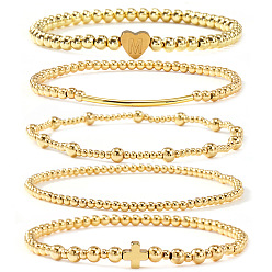 Letter M Brass and Stainless Beaded Stretch Bracelet Sets, Heart Letter Multi-Layer Adjustable Stackable Bracelets for Women, Golden, Letter M, 6.89 inch(17.5cm), 5pcs/set