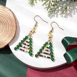 Golden Glass Beads Earrings, with  Brass Earring Hooks, Jewely for Women, Christmas Trees, Golden, 56~57x25mm