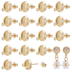 Real 18K Gold Plated 20Pcs Brass Stud Earring Findings, with Cabochon Settings & Loop & 20Pcs 304 Stainless Steel Ear Nuts, Real 18K Gold Plated, Tray: 8mm, 13.5x11mm, Hole: 2mm