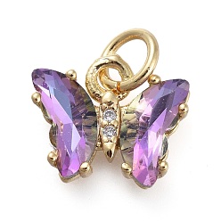 Medium Purple Brass Micro Pave Clear Cubic Zirconia Pendant, with Glass, Butterfly, Golden, Medium Purple, 11x9.5x3mm, Hole: 3.5mm