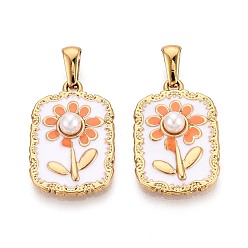 Легкий Лосось 304 подвески из нержавеющей стали, эмали и искусственного жемчуга из АБС-пластика, подвески-прямоугольники и цветы, золотые, светлый померанцевый, 26x17x6 мм, отверстие : 7.5x3 мм