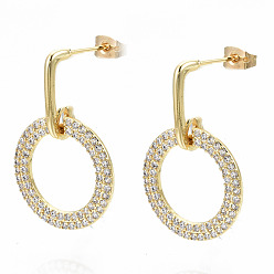 Clear Brass Micro Pave Cubic Zirconia Dangle Stud Earrings, with Earring Backs, Nickel Free, Ring, Real 16K Gold Plated, Clear, 30mm, Pin: 0.8mm