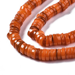 Chocolate Natural Freshwater Shell Beads Strands, Dyed, Flat Round/Disc, Heishi Beads, Chocolate, 6x6x1~2.5mm, Hole: 1mm, about 201~208pcs/strand, 15.20~15.43 inch(38.6~39.2cm)