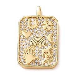 Real 14K Gold Plated Brass Micro Pave Clear Cubic Zirconia Pendants, Rectangle with Lucky Symbol Charms, Real 14K Gold Plated, 21.5x13.5x2.5mm, Hole: 1.5x2.5mm