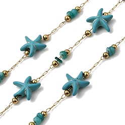 Небесно-голубой Ручная работа 304 звенья цепи из нержавеющей стали с имитацией бирюзы в виде морской звезды, пайки, с 316 цепями из нержавеющей стали, катушкой и окрашенной оболочкой, ионное покрытие (ip), реальный 18 k позолоченный, голубой, бисер: 10x10x4 мм & 5x3.5 мм