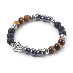 Тигровый глаз Эластичные браслеты из натурального тигрового глаза и черного агата (окрашенные), С немагнитным синтетическим гематитом, 304 бусы из нержавеющей стали и бусины из сплава, ладонь, 2-1/4 дюйм (5.8 см)