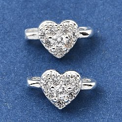 Серебро Латунные микропаве прозрачные кубические цирконии 2-петлевые разделительные планки в форме сердца, долговечный, стойки покрытие, серебряные, 6x10x6 мм, отверстие : 1.4 мм