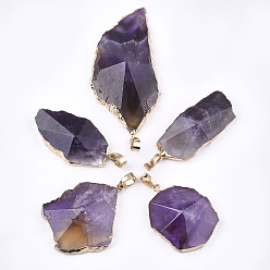 Amethyst Electroplate Natural Amethyst Pendants, with Brass & Iron Findings, Faceted, Nugget, Golden, 30~76x20~45x10~15mm, Hole: 4.5x8mm
