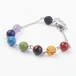 Gemischte Stein Chakra-Schmuck, 304 Edelstahlarmbänder, mit Edelstein und Karabinerverschlüsse, 7-3/8 Zoll (188 mm)