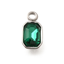 Изумруд 304 подвески из нержавеющей стали, со стразами, цвет нержавеющей стали, прямоугольные, изумруд, 10.5x5.5x3.5 мм, отверстие : 1.8 мм