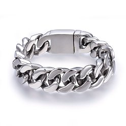 Stainless Steel Color Tarnish Resistant 304 Stainless Steel Curb Chains Bracelets, with Box Clasp, Smooth Surface and Faceted, Stainless Steel Color, 9-1/2 inch(24cm), 19x7.5mm