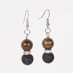 Tiger Eye Natural Lava Rock Dangle Earrings, with Tiger Eye Beads, Brass Rhinestone Findings and Earring Hooks, 47mm, Pin: 0.6mm