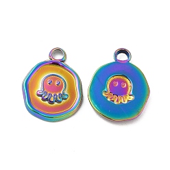 Rainbow Color Ion Plating(IP) 304 Stainless Steel Pendants, Flat Round with Octopus Charm, Rainbow Color, 16x13x2mm, Hole: 2mm