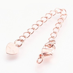 Rose Gold Brass Chain Extender, with Lobster Claw Clasps, Cadmium Free & Nickel Free & Lead Free, Long-Lasting Plated, Heart, Rose Gold, 73x3mm, Hole: 2.5mm, Clasps: 10x6x3mm